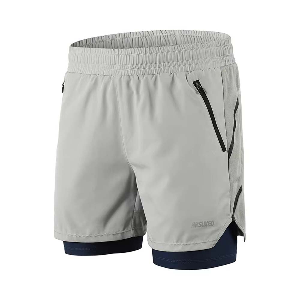 ARSUXEO men’s 7 inch 2-in-1 running shorts in blue with black liner, shown from front, side, and back angles.