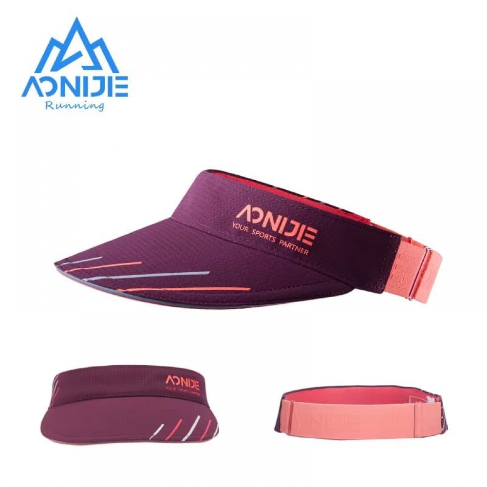 Side profile of wine red AONIJIE sports visor cap with adjustable coral strap and sleek reflective lines.
