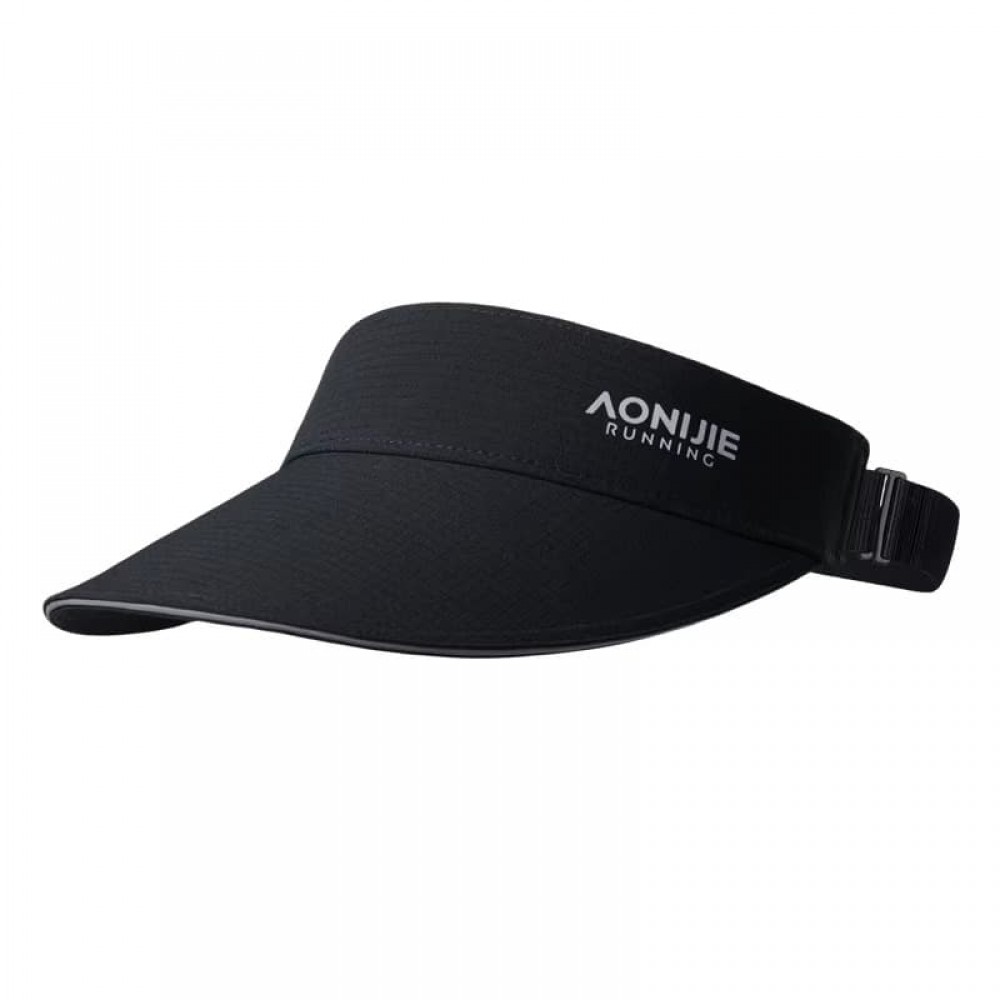 Black AONIJIE sports sun visor cap with adjustable strap, breathable fabric, and UV protection.
