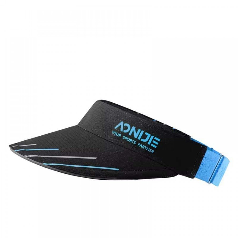 Black AONIJIE adjustable sports visor cap featuring blue ribbon accents and reflective stripes.