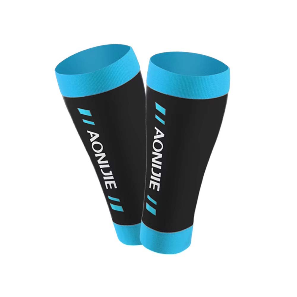 Alt Text: Black AONIJIE compression calf sleeves with blue cuffs, designed for sports performance and muscle recovery.