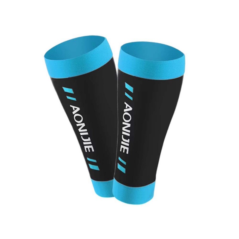 Alt Text: Black AONIJIE compression calf sleeves with blue cuffs, designed for sports performance and muscle recovery.