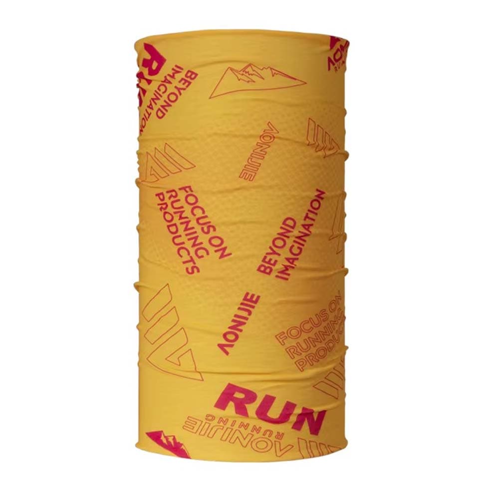Bright yellow AONIJIE multifunctional headband with red running-themed print, wearable as a neck gaiter, sports face cover, or bandana.