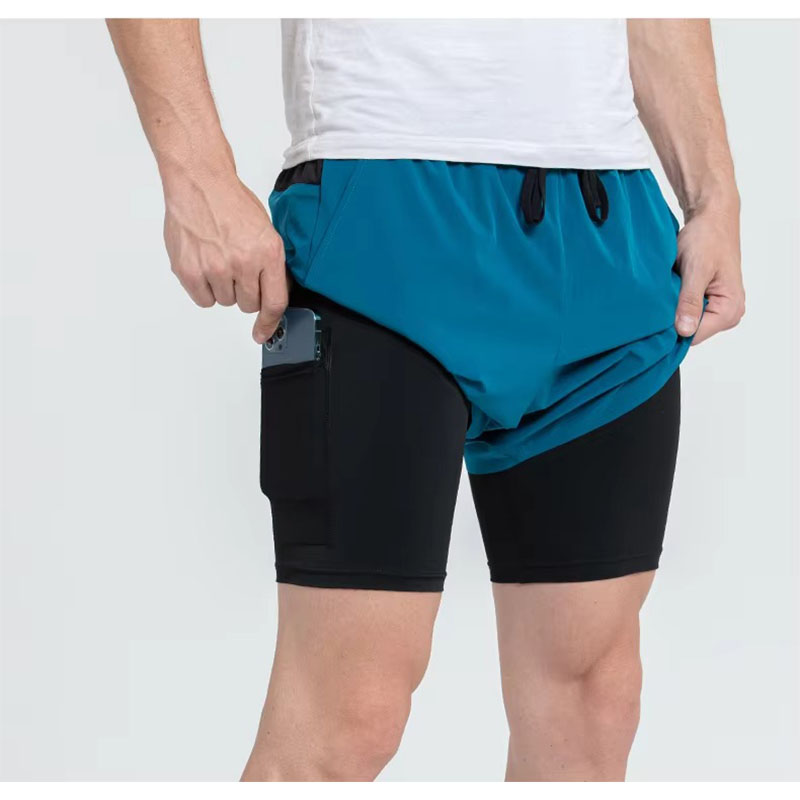 Blue AONIJIE men’s quick-dry sports shorts with elastic waistband, drawstring, and inner compression lining for running and gym use.