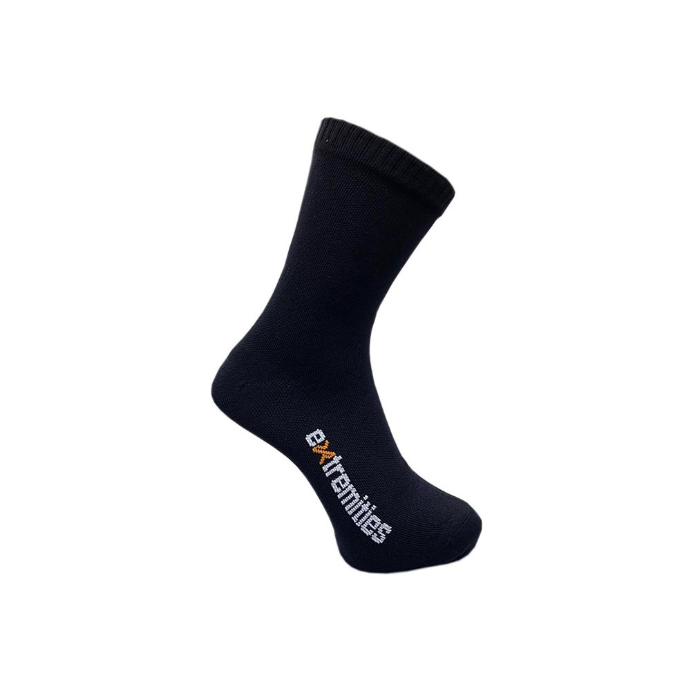 Side view of a single black Extremities Evolution waterproof long sock showing the logo near the toe.