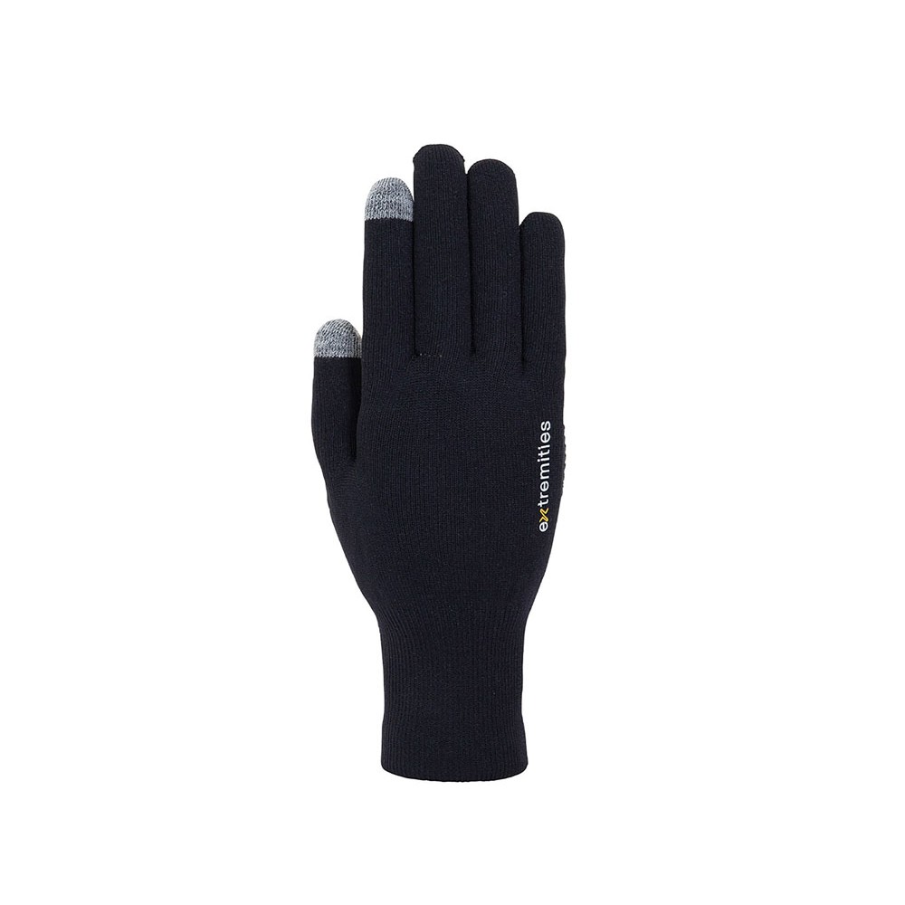 Black Extremities glove with grey touchscreen tips on thumb and two fingers, shown flat with logo on back of hand.