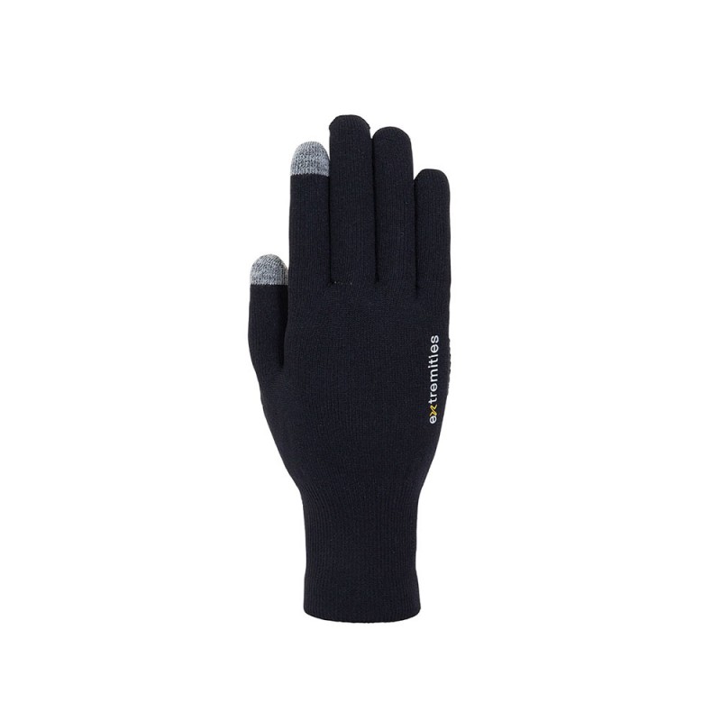 Black Extremities glove with grey touchscreen tips on thumb and two fingers, shown flat with logo on back of hand.