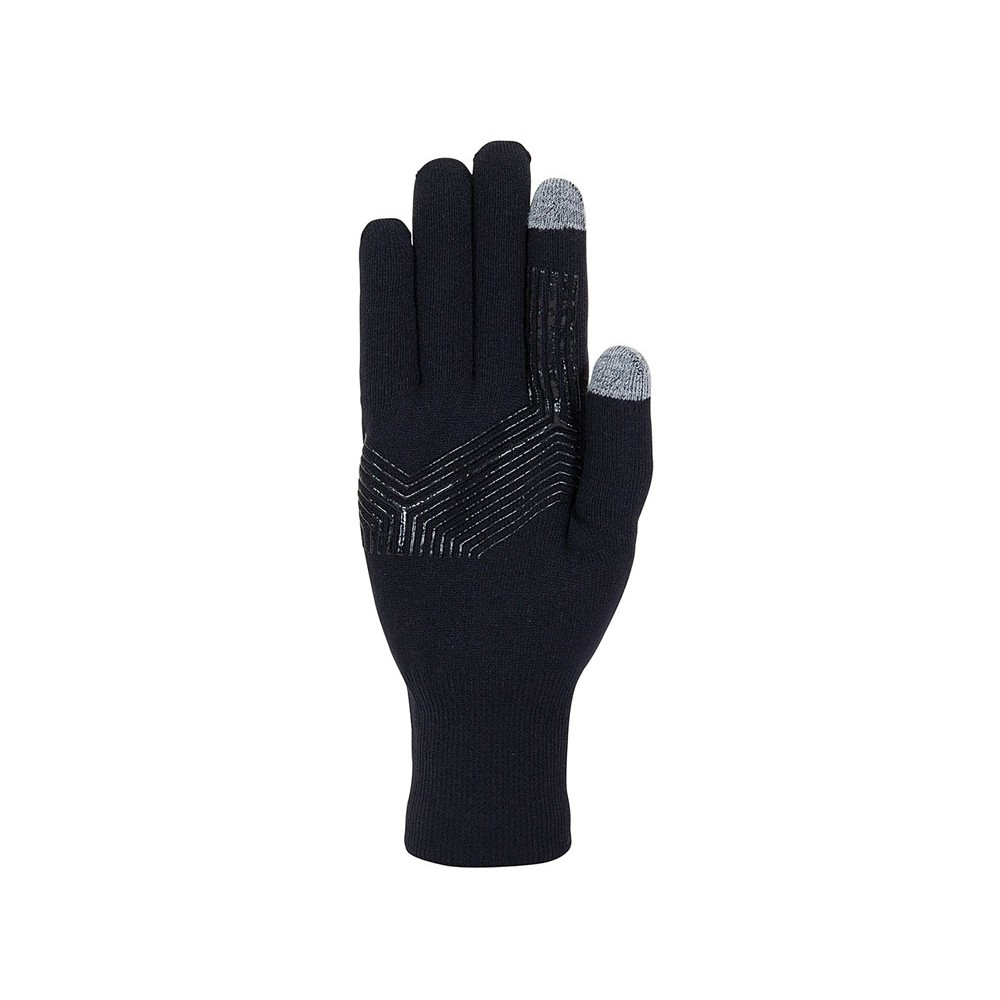 Black Extremities glove with grey touchscreen tips on thumb and two fingers, shown flat with logo on back of hand.
