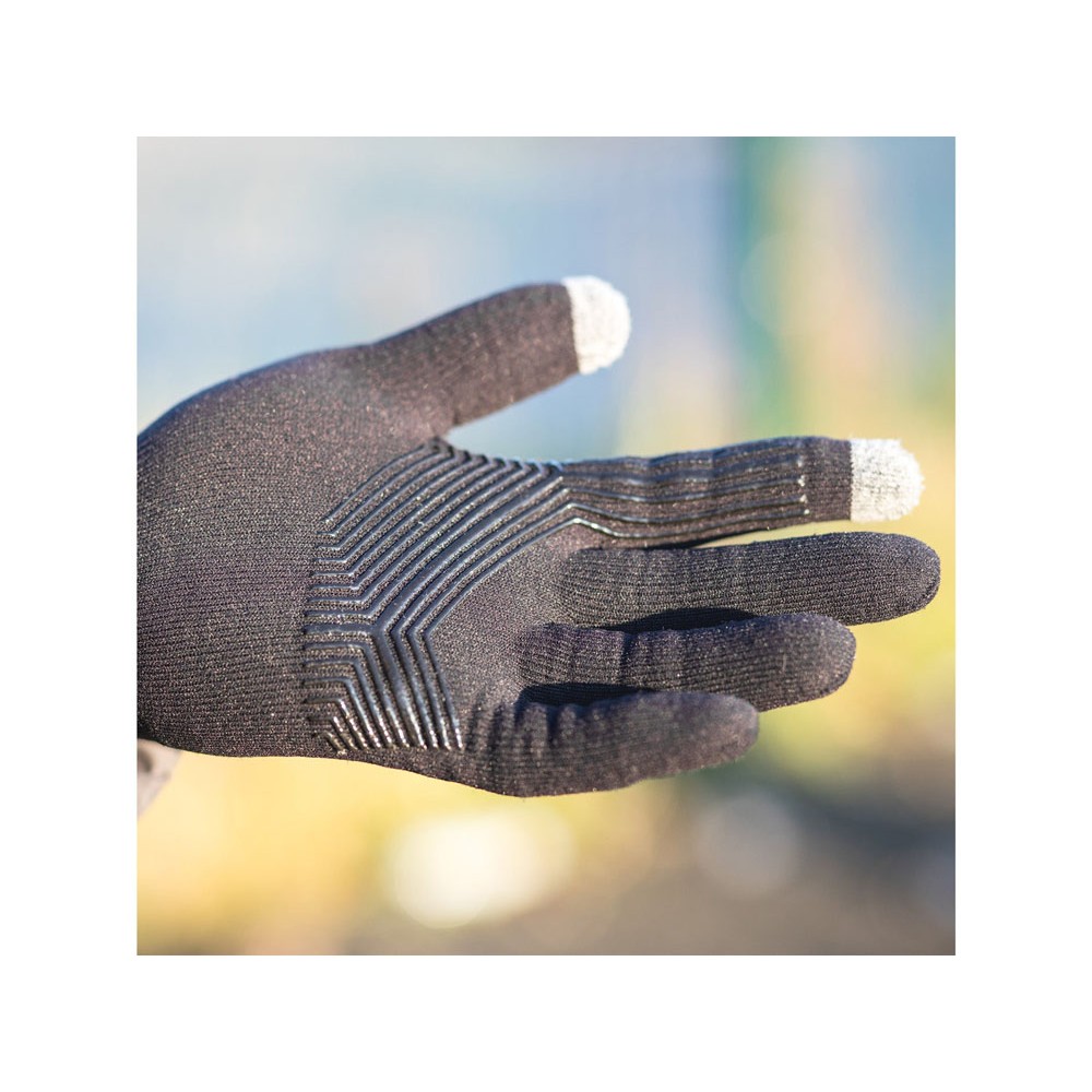 Black Extremities glove with grey touchscreen tips on thumb and two fingers, shown flat with logo on back of hand.