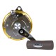Rear detail view of Shimano Tiagra 80WA gold overhead game fishing reel with power handle