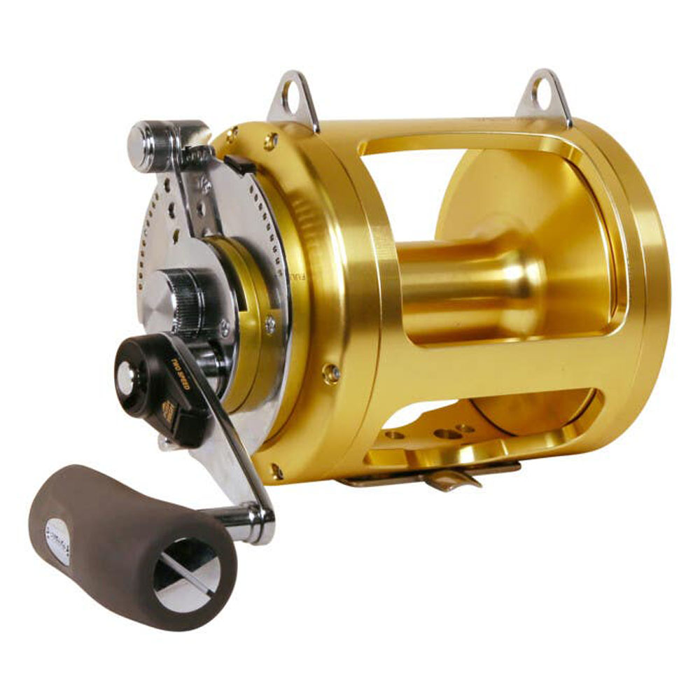 Side profile of Shimano Tiagra 80WA gold trolling and big game fishing reel