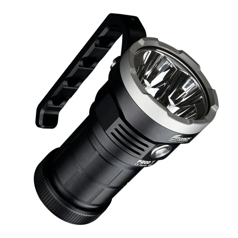 Black Fitorch P200 flashlight with a sturdy side handle and quad-reflector head for powerful beam projection