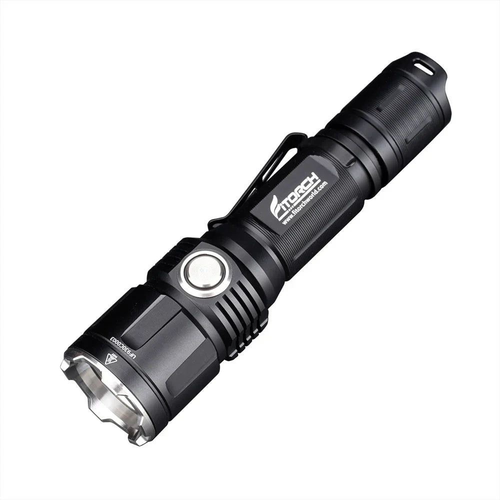 White Fitorch P50 flashlight shown at an angle, highlighting textured grip, power button, and front bezel