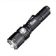 White Fitorch P50 flashlight shown at an angle, highlighting textured grip, power button, and front bezel