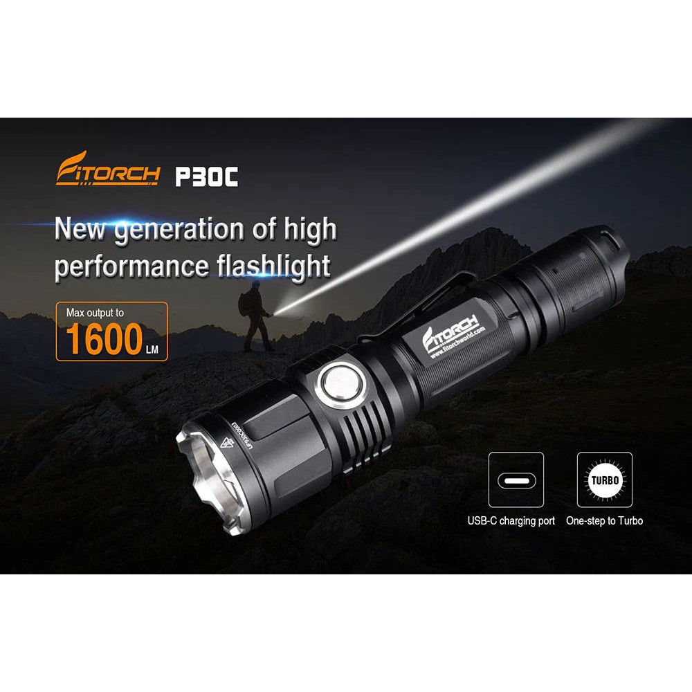 White Fitorch P50 flashlight shown at an angle, highlighting textured grip, power button, and front bezel