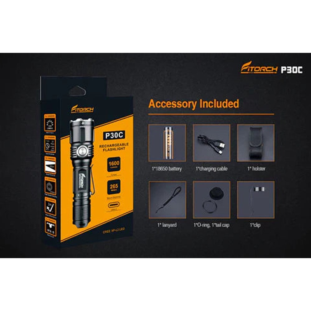 White Fitorch P50 flashlight shown at an angle, highlighting textured grip, power button, and front bezel