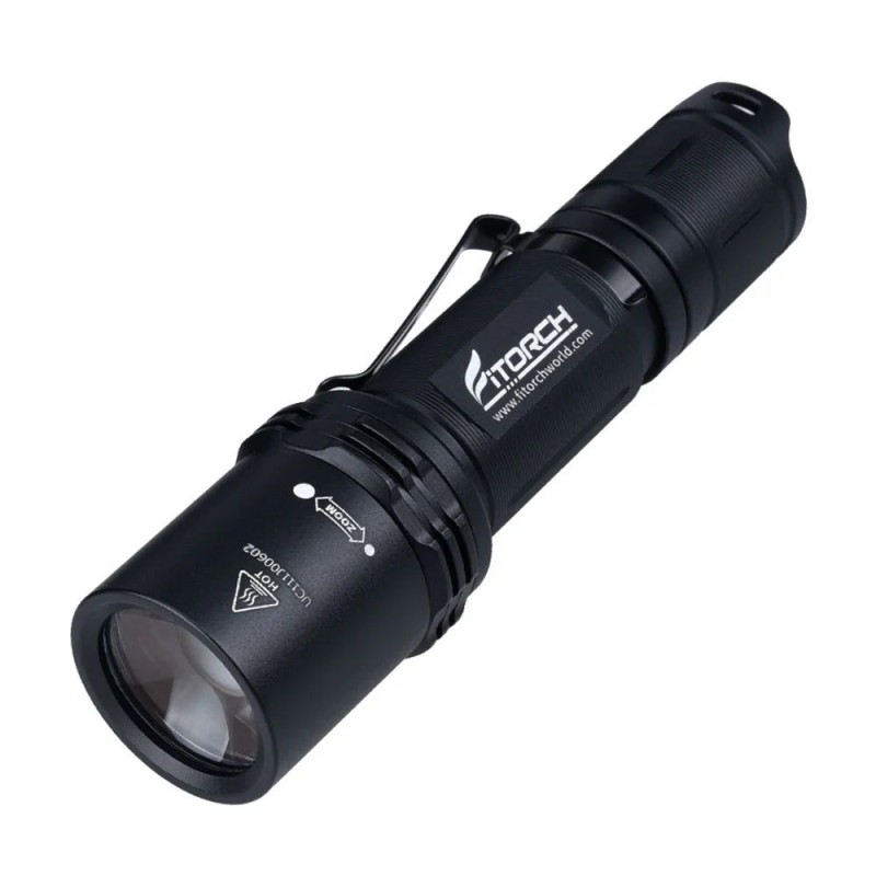 Angled view of the black Fitorch P200 flashlight with side button and large head