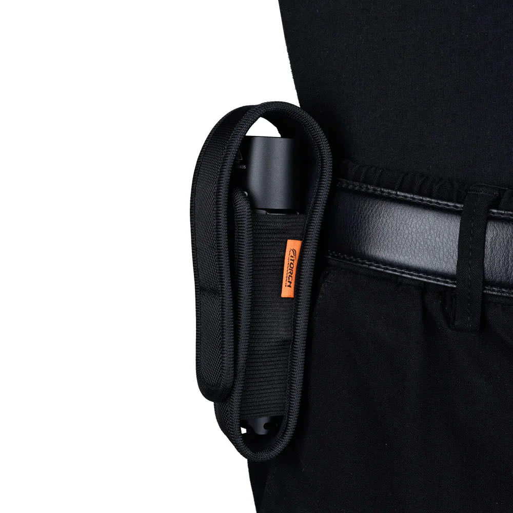 Angled view of the black Fitorch P200 flashlight with side button and large head