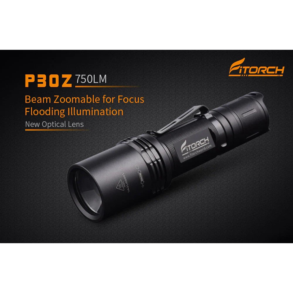 Angled view of the black Fitorch P200 flashlight with side button and large head