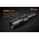 Angled view of the black Fitorch P200 flashlight with side button and large head