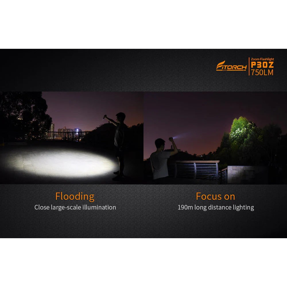 Angled view of the black Fitorch P200 flashlight with side button and large head