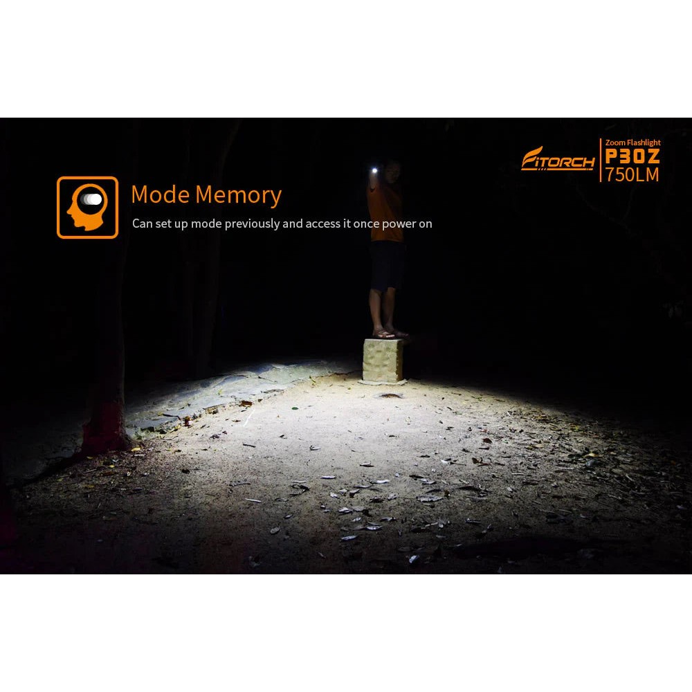 Angled view of the black Fitorch P200 flashlight with side button and large head