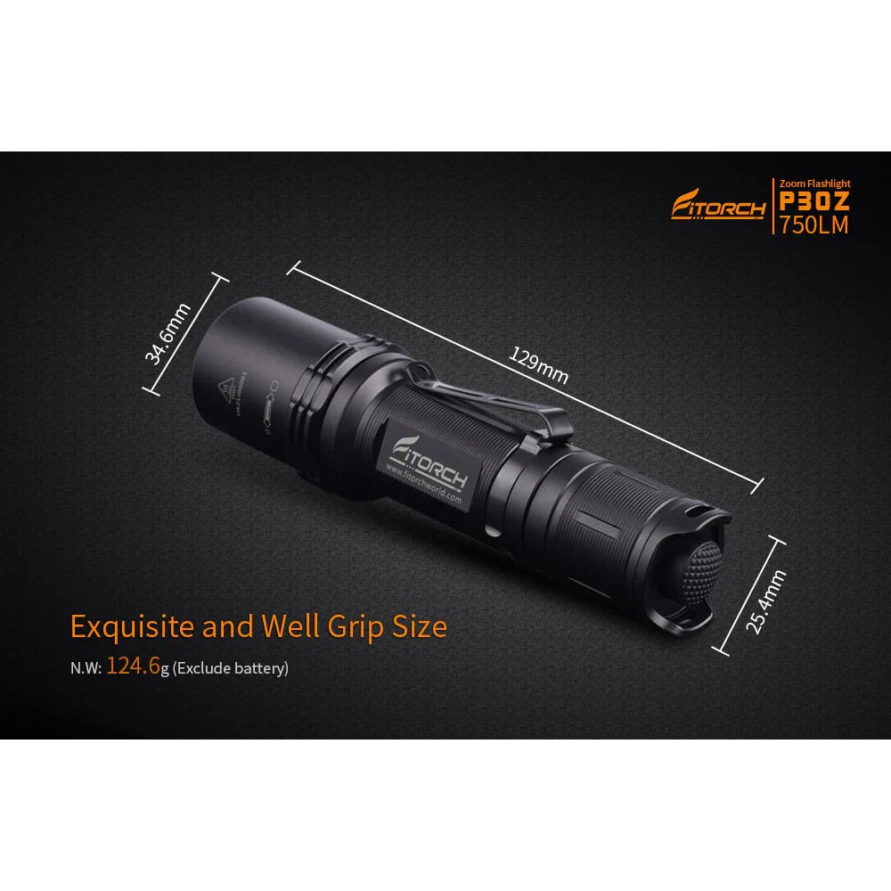 Angled view of the black Fitorch P200 flashlight with side button and large head