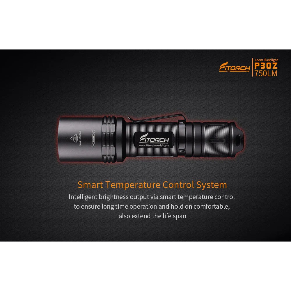 Angled view of the black Fitorch P200 flashlight with side button and large head