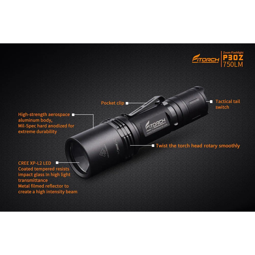 Angled view of the black Fitorch P200 flashlight with side button and large head