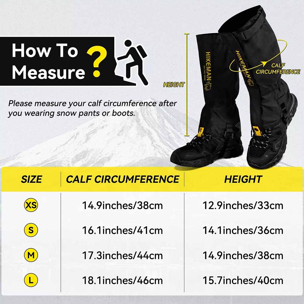 hikeman-gaiters-size-guide.jpg Hikeman gaiters sizing chart showing calf circumference and height for XS to L