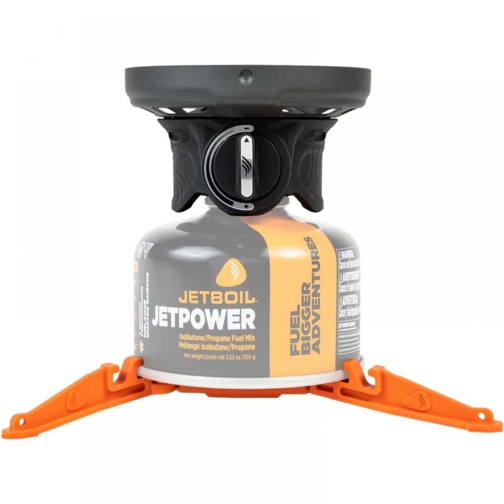 Jetboil Zip Cooking System on JetPower Fuel – Side View Jetboil Zip Stove Mounted on JetPower Fuel Canister with Stabiliser Legs