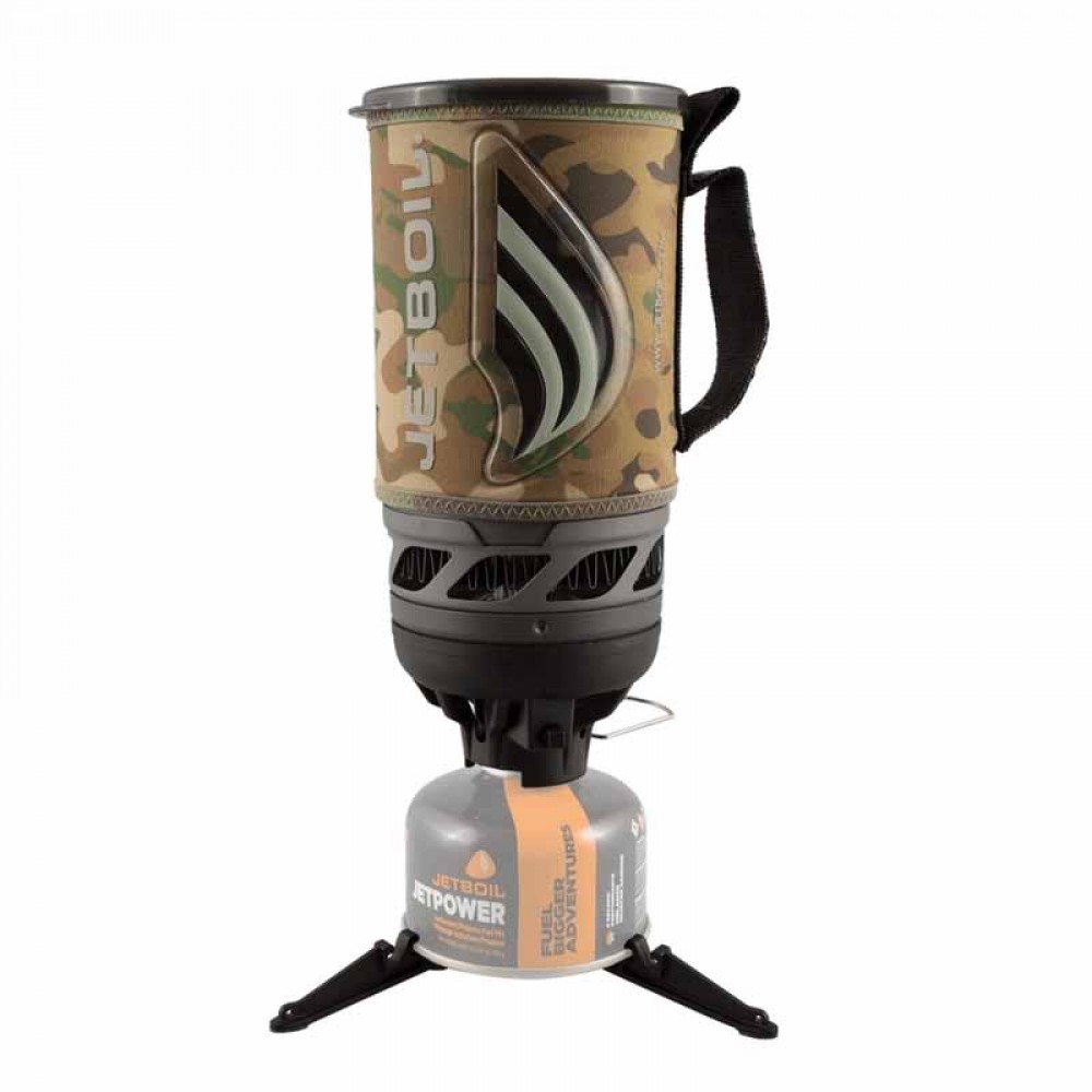 Jetboil Flash Cooking System – Camo Edition with Fuel Canister Jetboil Flash camping stove system in camouflage design with Jetpower fuel canister and tripod support