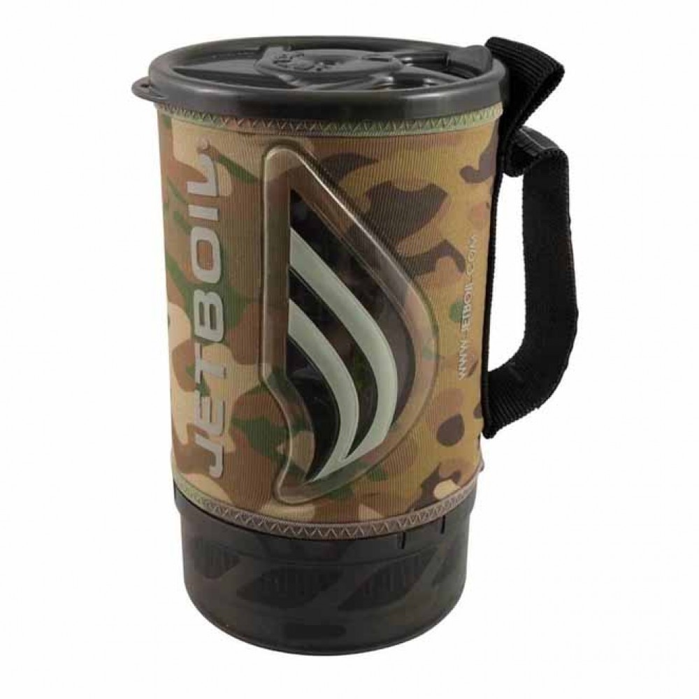 Jetboil Flash 1.0L Cooking Cup – Camo Sleeve and Black Lid Jetboil insulated cooking cup in camo finish with handle and plastic lid for outdoor cooking