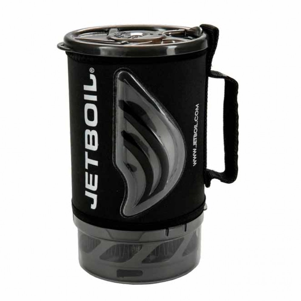Jetboil Flash 1.0L Cooking Cup – Carbon Black Sleeve with Lid Jetboil insulated cooking cup in black carbon finish, shown with handle and plastic lid
