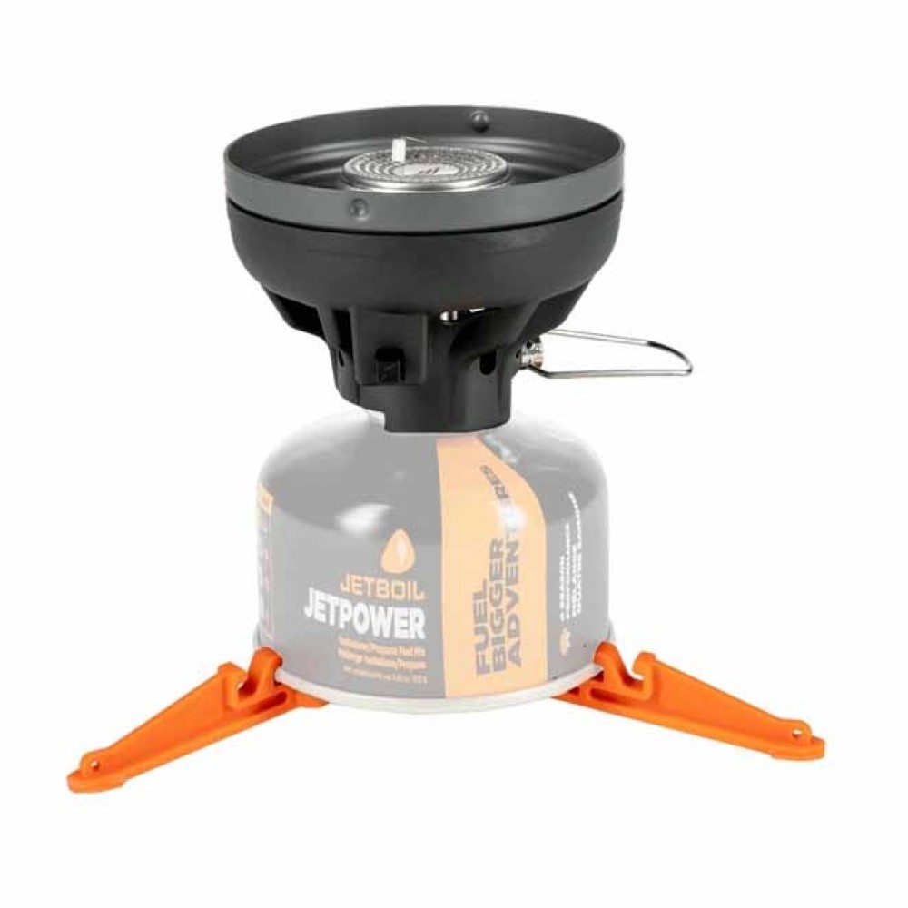 Jetboil Flash Camping Cooker – Carbon Black Sleeve with Stove Base Jetboil Flash camping stove with black carbon sleeve, Jetpower fuel canister, and orange stabilizer legs