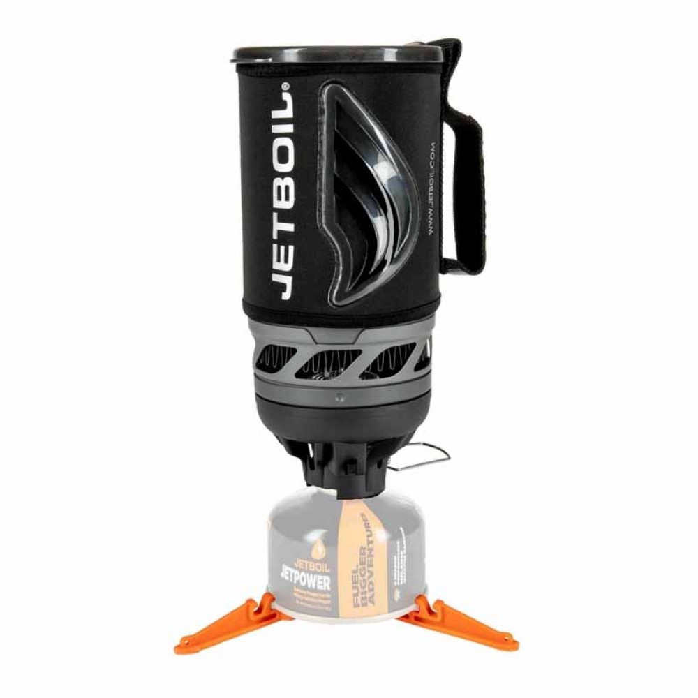 Jetboil Flash Burner and Jetpower Fuel Base – Compact Camping Stove Setup Jetboil Flash burner system with Jetpower fuel and orange tripod support for backpacking stoves
