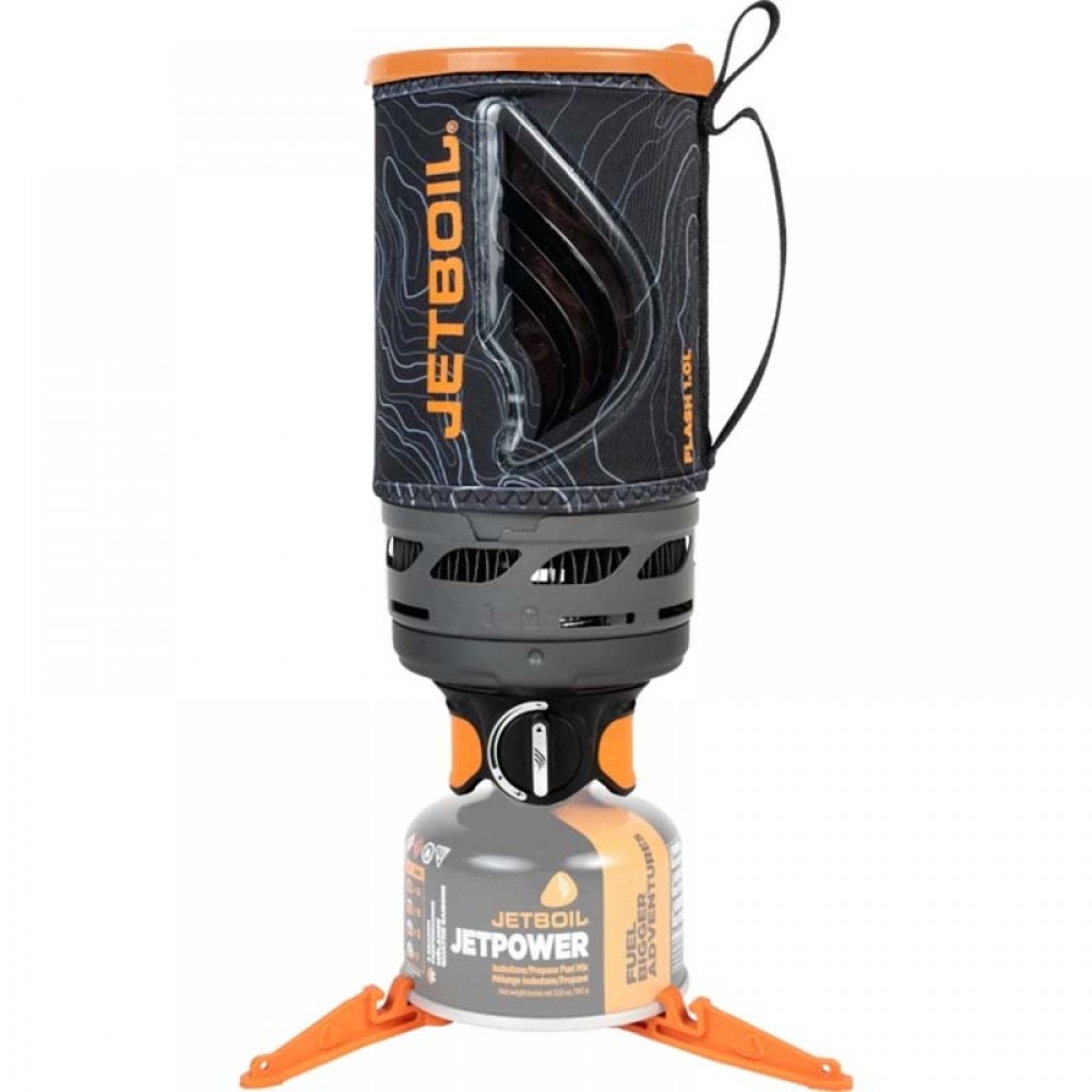 Jetboil Flash Camping Stove – Compact 1.0L Cooking System with Jetpower Fuel Side view of Jetboil Flash 1.0L stove showing Jetpower fuel canister and insulated cooking cup