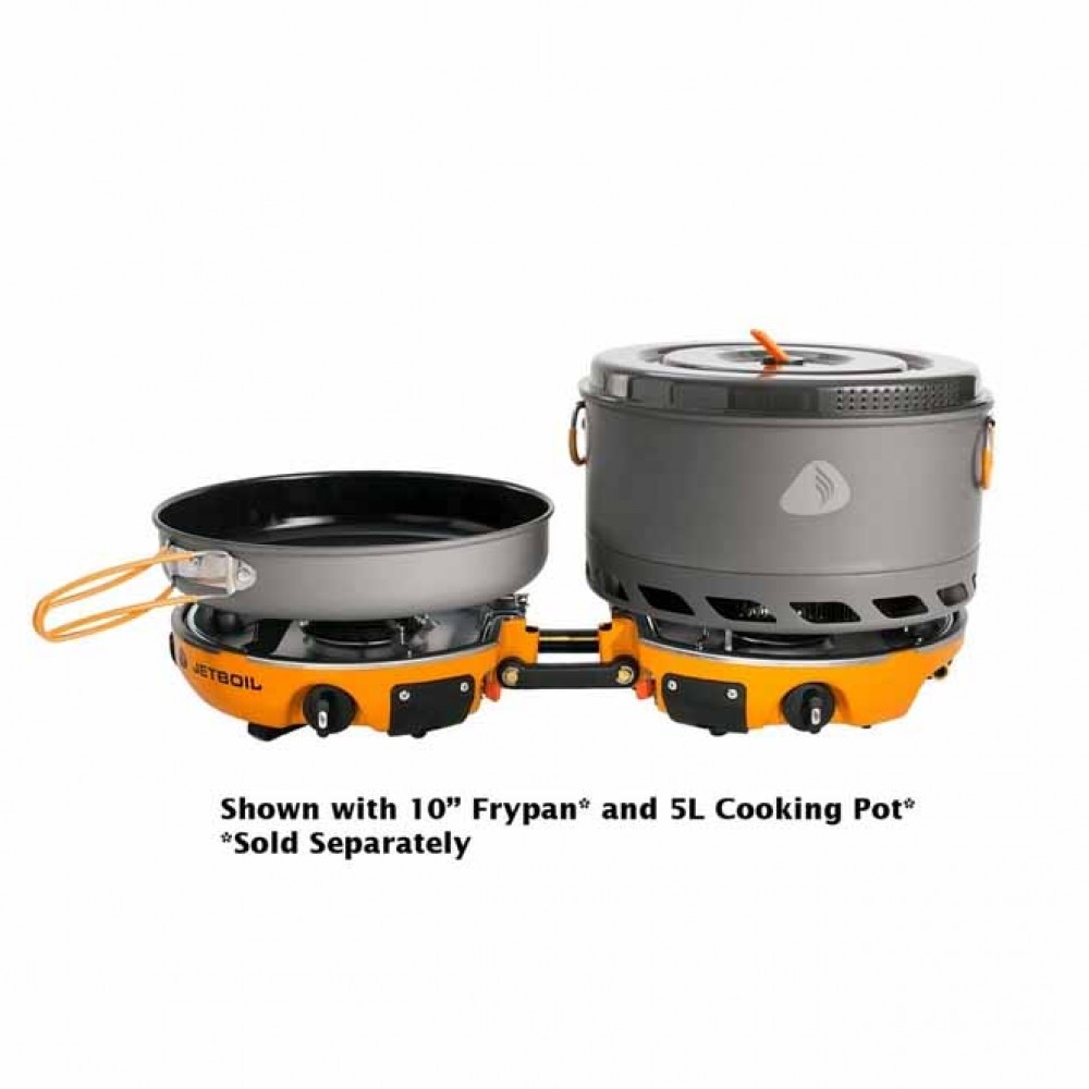 Jetboil Genesis with Optional Frypan and 5L Cooking Pot Jetboil Genesis Base Camp System shown with optional 10-inch frypan and 5-liter cooking pot, both sold separately.