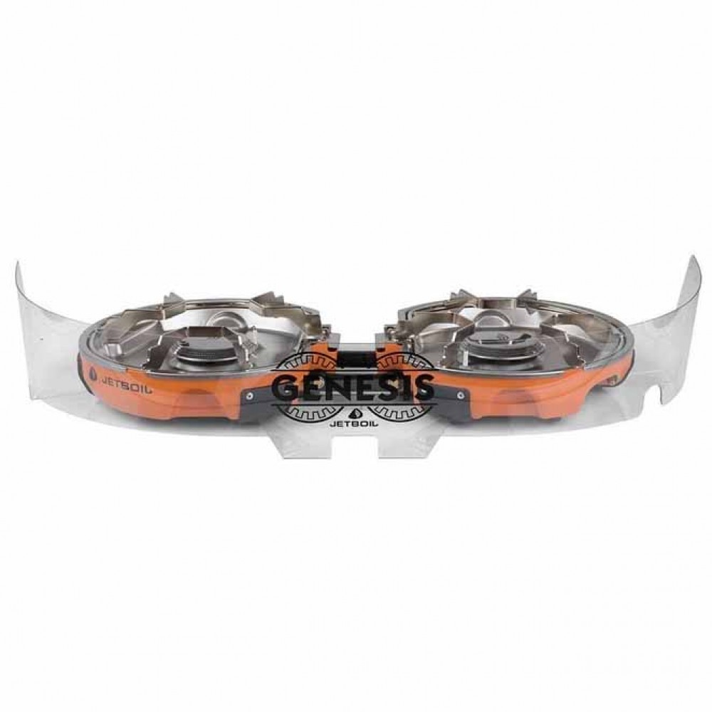 Jetboil Genesis Stove with Windshield Accessory Jetboil Genesis dual-burner stove equipped with a transparent windshield attachment labeled “Genesis.”
