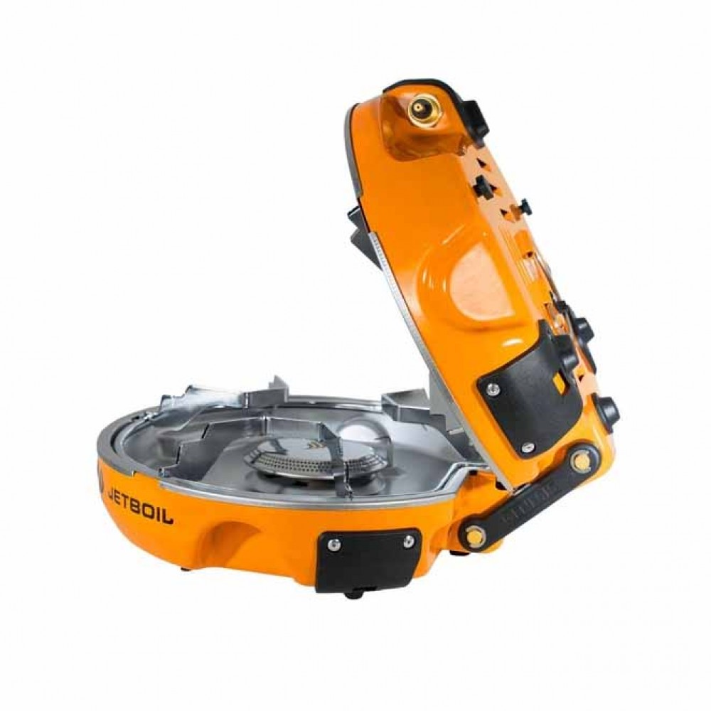 Jetboil Genesis Stove Partially Folded Open Jetboil Genesis Base Camp Stove partially unfolded, showing one active burner and hinge system.