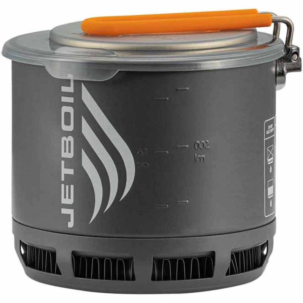 Jetboil Stash Cooking Pot – Lightweight Backpacking Cookware with Lid Jetboil Stash 0.8L titanium pot with measuring lines, plastic lid, and orange handle for ultralight camping