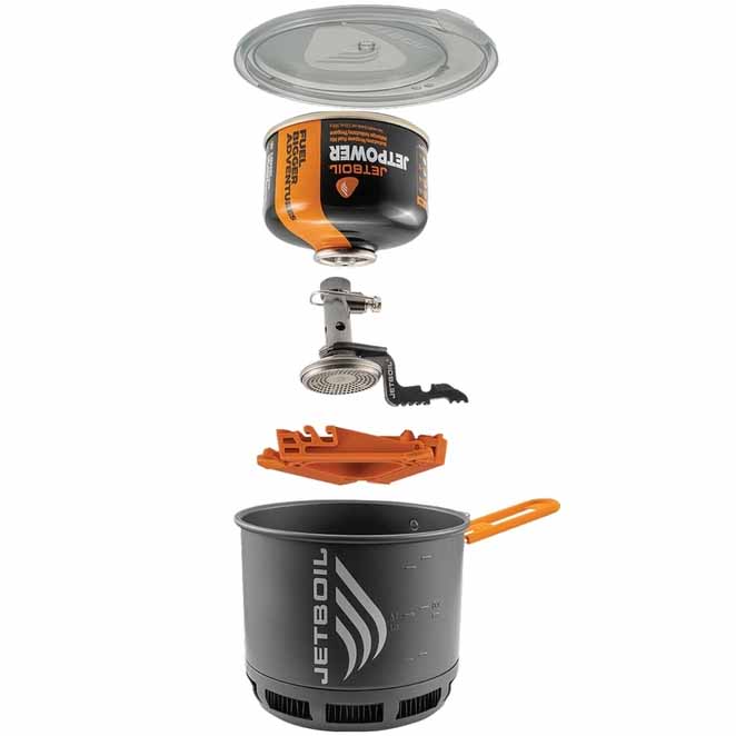 Jetboil Stash cooking pot mounted on fuel canister with burner and stabilizer legs