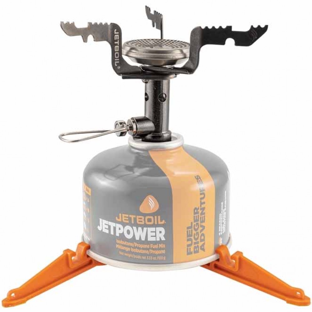 Jetboil Stash Cooking Stove and Burner Head on Jetpower Fuel Jetboil Stash burner attached to fuel canister with extended pot support arms and orange stabilizer