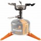 Jetboil Stash Cooking Stove and Burner Head on Jetpower Fuel Jetboil Stash burner attached to fuel canister with extended pot support arms and orange stabilizer