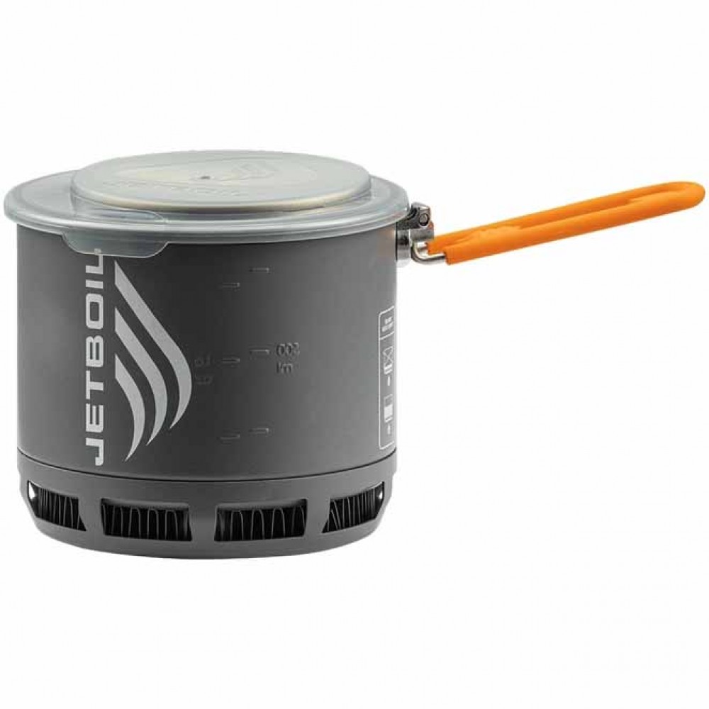Jetboil Stash Camping Pot with Handle and Lid – Side View Side view of Jetboil Stash ultralight cooking pot with orange handle and plastic lid