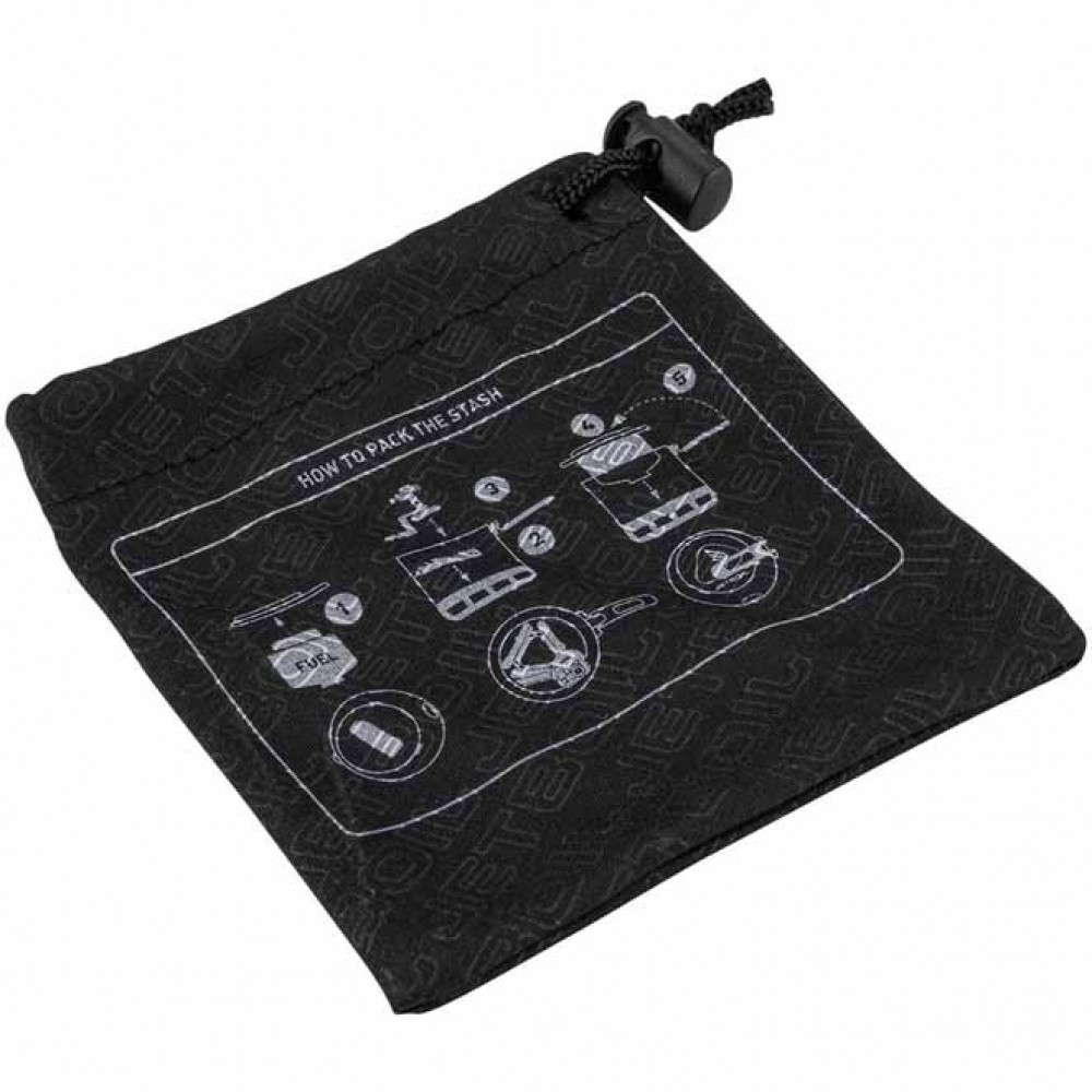 Jetboil Stash Storage Pouch with Printed Pack Guide Jetboil black drawstring pouch with printed “how to pack the stash” instructions for all components