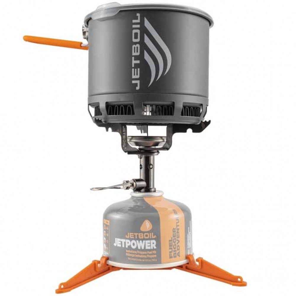 Jetboil Stash Complete Cooking System on Jetpower Fuel Jetboil Stash cooking pot mounted on fuel canister with burner and stabilizer legs