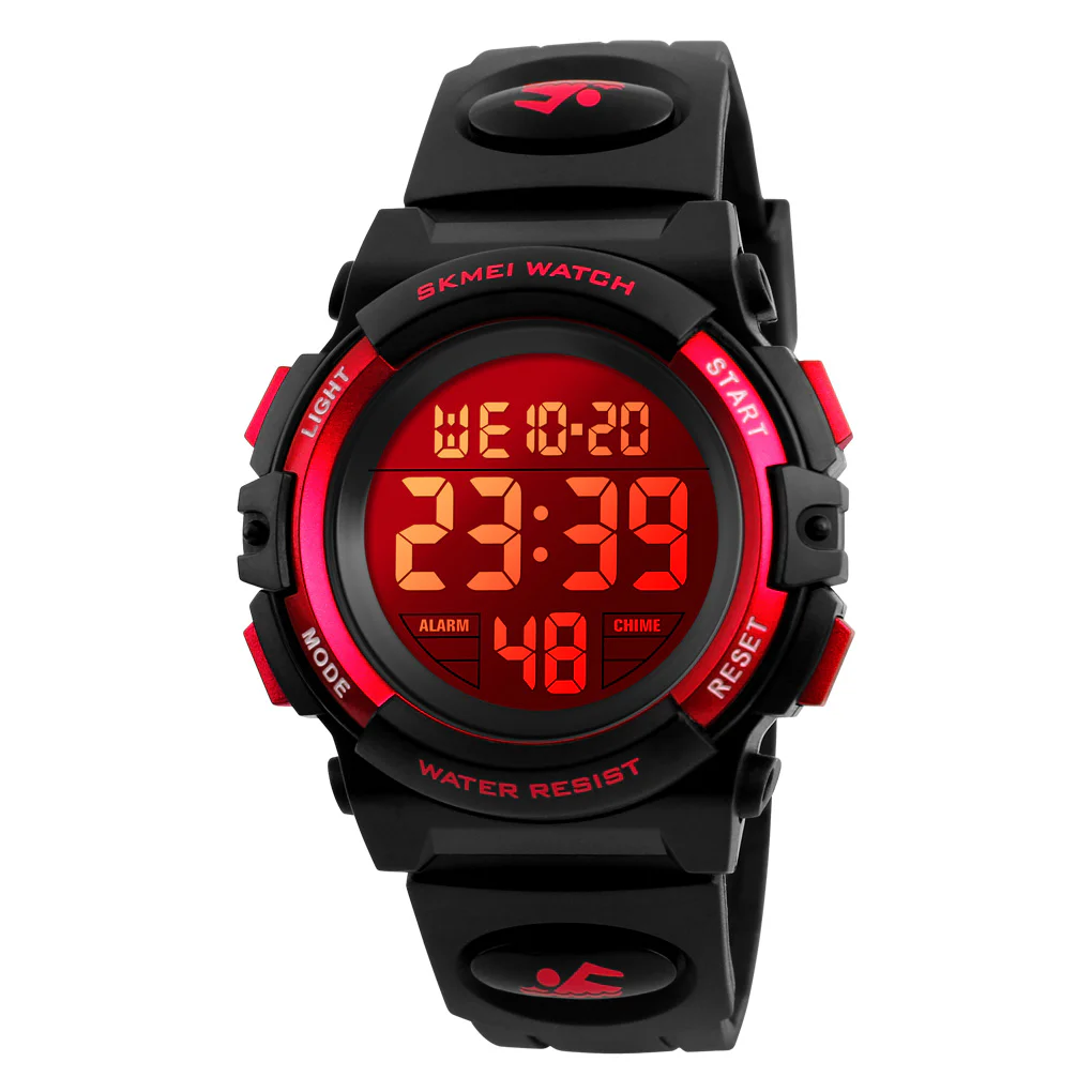 Kids digital sports watch with a black and red design, large LED display, alarm and stopwatch functions, water-resistant construction, and durable resin strap for everyday wear, sports, and outdoor activities.