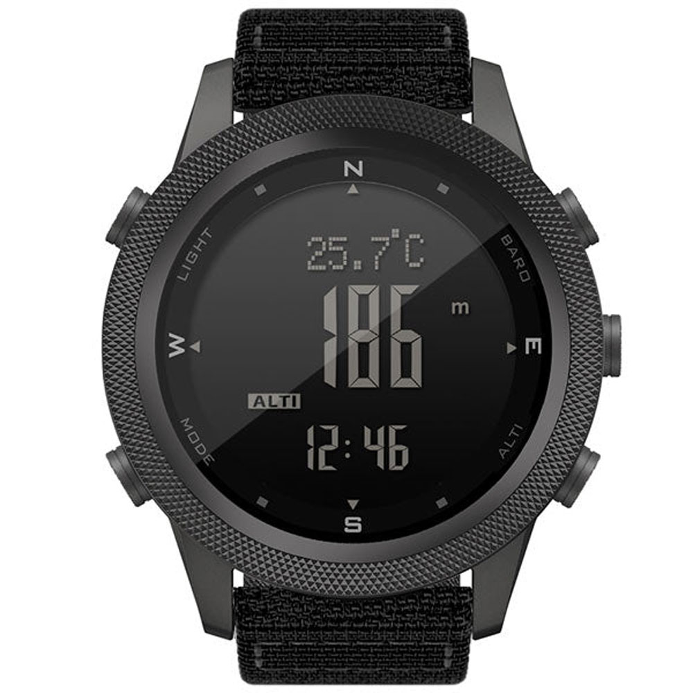 North Edge Apache 46 digital outdoor watch featuring a black textured bezel, large LCD display with altitude and temperature readings, multiple function buttons, compass markings, and a durable black nylon strap for hiking, trekking, and outdoor adventure