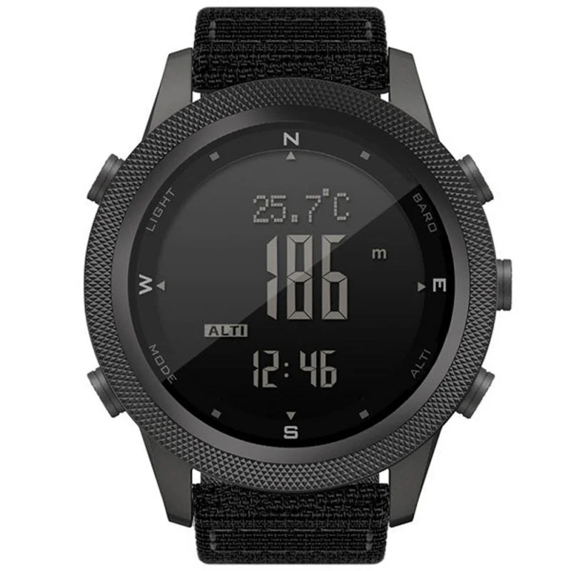 North Edge Apache 46 digital outdoor watch featuring a black textured bezel, large LCD display with altitude and temperature readings, multiple function buttons, compass markings, and a durable black nylon strap for hiking, trekking, and outdoor adventure